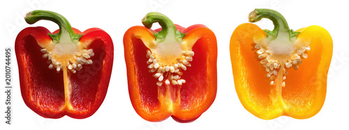 halved red yellow and orange bell peppers with seeds isolated on transparent background