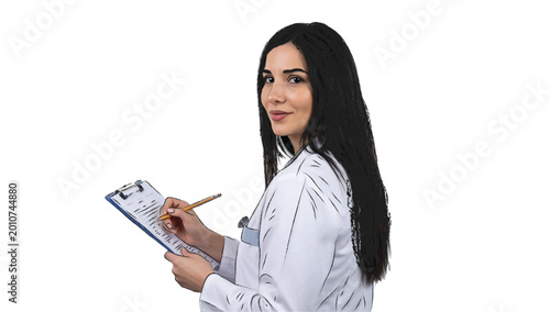 Woman doctor writing on chart artistic drawing in black and white and realistic vector illustration, separated in layers and isolated on white background