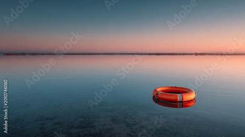 Orange life preserver floats on calm water at sunset with soft sky hues