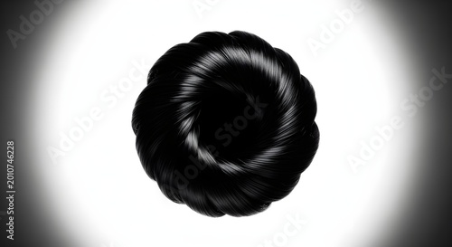 A tightly coiled black bun arranged in a spiral pattern, creating a bold and structured visual effect.