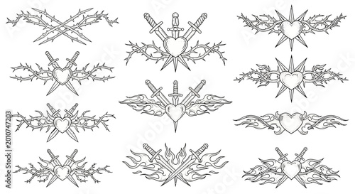 Valokuva Ornamental heart designs with swords and flames in tattoo style