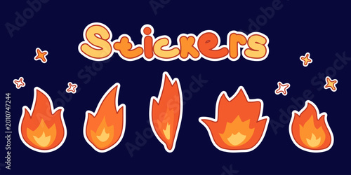 Cute kawaii flame sticker set with handwritten lettering, playful cartoon fire icons, and colorful hand-drawn illustration style on a dark background.