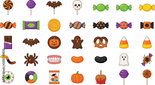 Cuadro en lienzo Set of halloween candy icons with diverse sweets and spooky treats on white back