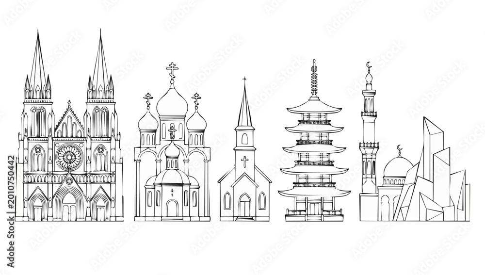 Obraz premium World Religious Architecture Set Line Art Outline Icons for Cathedral, Orthodox Church, Christian Chapel, Buddhist Pagoda and Islamic Mosque Landmarks Illustration for Global Culture and Spiritual Des