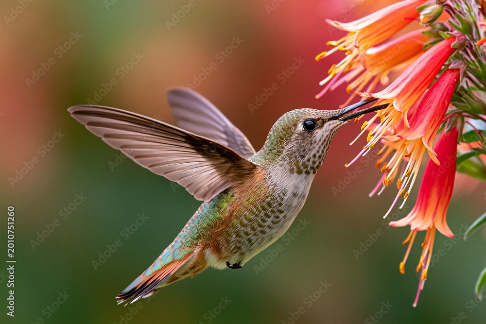Fototapeta premium hummingbird hovering and feeding from orange tubular flowers
