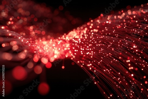 Abstract glowing red fibers with bokeh effect