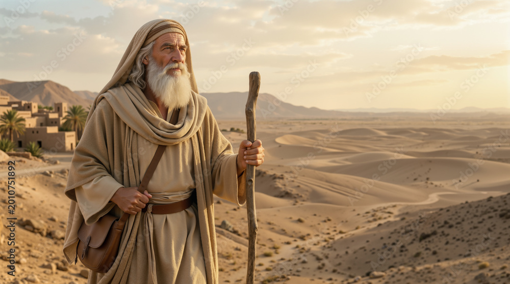 Fototapeta premium The biblical prophet Abraham on a journey of faith. Old Testament patriarch leaving his homeland in the desert landscape. Religious story concept