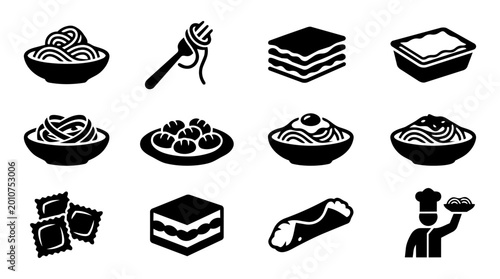Foto Italian Food Silhouette Icon Set – Pasta, Spaghetti, Lasagne, Gnocchi, Tiramisu,