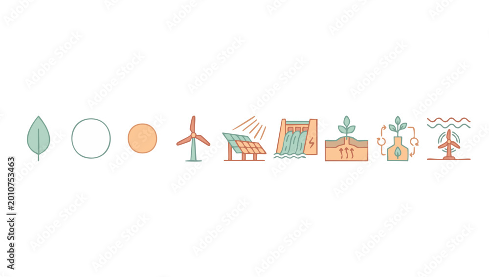 Fototapeta premium Renewable Energy Icons Set for Sustainable Power and Clean Environment Concept. Featuring wind turbine, solar panels, hydroelectric dam, geothermal and tidal energy symbols in a minimalist line art st