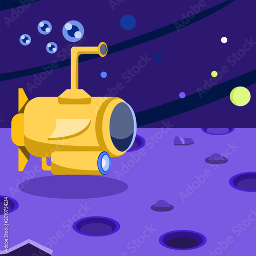 Foto Surreal Side View Yellow Submarine on Moon in Tetradic Colors, Flat Vector Illus