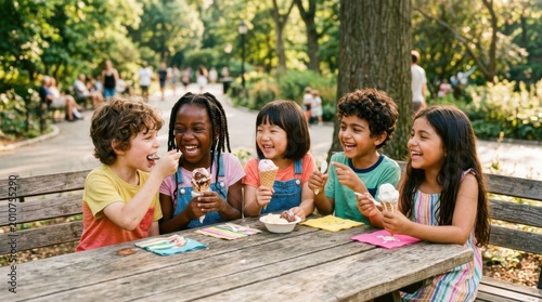 Group of diverse children eating ice cream at wooden table in park. Happy kids laughing and enjoying summer treats. International Childrens Day celebration and friendship concept.