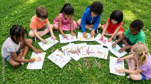 Diverse group of multi-ethnic kids sitting on grass drawing with crayons. Children creating art for International Childrens Day. Happy friends having creative activity during summer day.