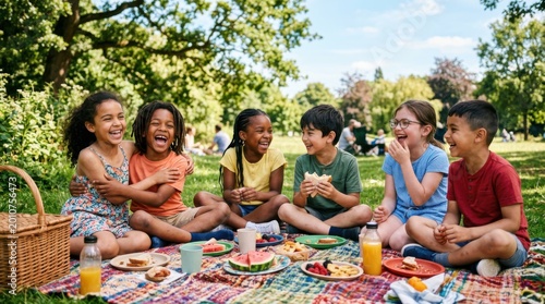 Diverse group of happy children having picnic in summer park on International Childrens Day. Multiethnic friends laughing and eating lunch on grass blanket. Friendship and childhood concept.