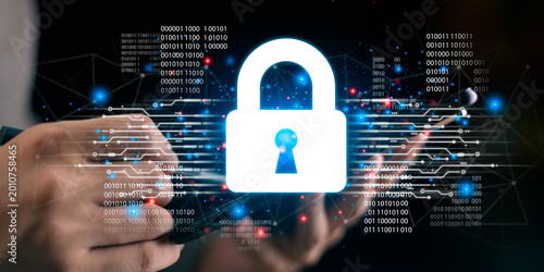 Photos IT specialist securing data, privacy, network, encryption, firewall, blockchain, identity, threat, access, and shield across digital systems with advanced protection strategies