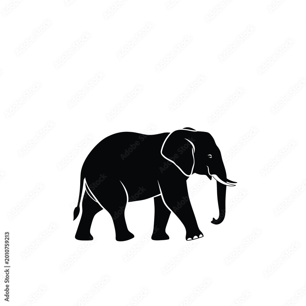 Obraz premium A black silhouette of an African elephant walks against a white background.