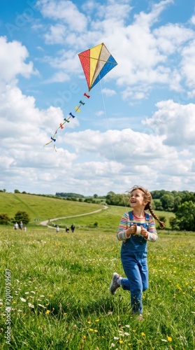 Happy girl running in green field flying colorful kite. Concept of International Childrens Day. Child enjoying outdoor activity on sunny summer day in nature against blue cloudy sky.