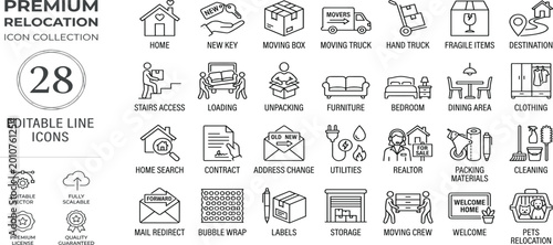 Editable line icon collection showcasing essential elements for home relocation, property moving, packing, unpacking, and related household services for a smooth transition