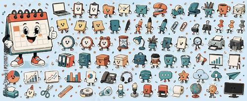 Cute Office Tools Mascot Sticker Mega Set. Premium Kawaii Cartoon Vector Sticker Collection with Cute Mascot Characters, White Border Icons, Playful Expressions and Isolated Design Elements