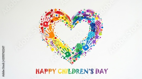 Colorful heart shape made of child handprints and bright confetti for International Childrens Day. Festive greeting card design with rainbow art elements on white background. Creative concept.