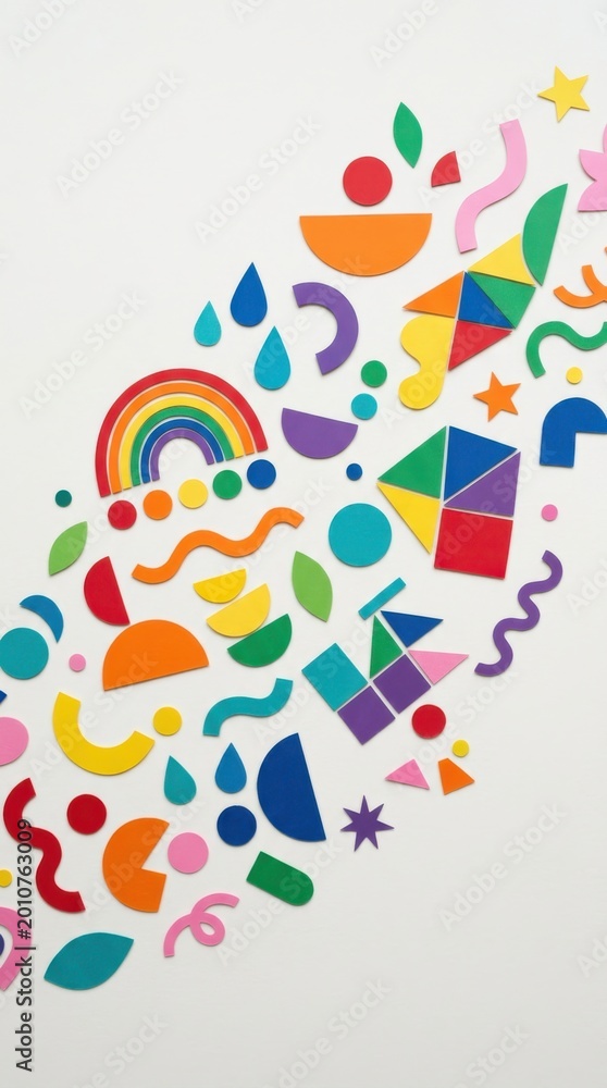 Fototapeta premium Colorful paper cutout shapes on white background. Abstract geometric patterns for International Childrens Day background. Creative craft project for celebration and kids play.