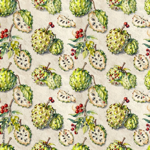 Seamless botanical pattern featuring detailed watercolor illustrations of noni fruit