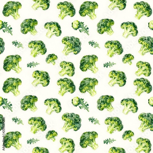 seamless pattern of small green broccoli flowers on white background
