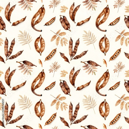 seamless pattern of brown pods and leaves on white background