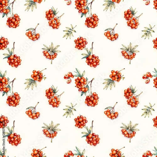 seamless pattern of small red berries and green leaves on white background