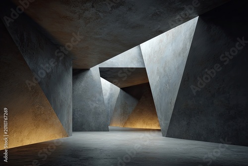 Modern abstract interior with geometric concrete shapes and light accents