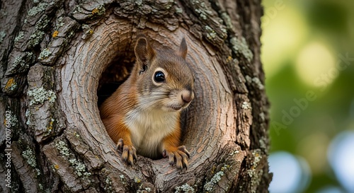Wildlife squirrel looking out of tree hole
