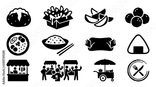 Foto Potato Rice Street Food Silhouette Icon Set – Fries, Onigiri, Rice Bowl, Street