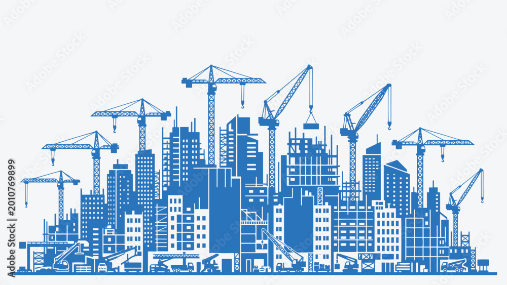 Obraz premium Dynamic blue vector illustration of urban city skyline with construction cranes. Modern cityscape under development, perfect for construction industry, real estate, urban growth, and infrastructure.