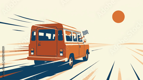 Foto Van Travel Adventure with Checkered Flag on Open Road Graphic