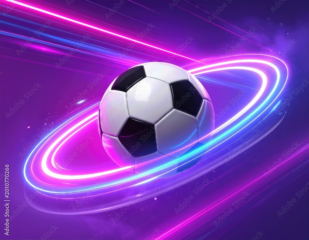 Fototapeta premium Futuristic Neon Soccer Ball with Glowing Light Trails