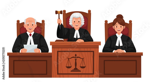 Valokuva Courtroom scene, judge banging gavel, lawyer and judge assistant, law and justic