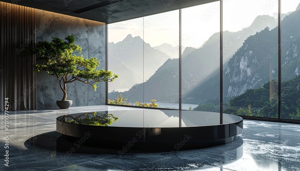 Fototapeta premium Modern minimalist interior with bonsai tree and mountain view