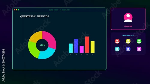 A dynamic animation of a conference call interface displaying neon colored data visualizations and user profile avatars appearing on a dark futuristic digital screen