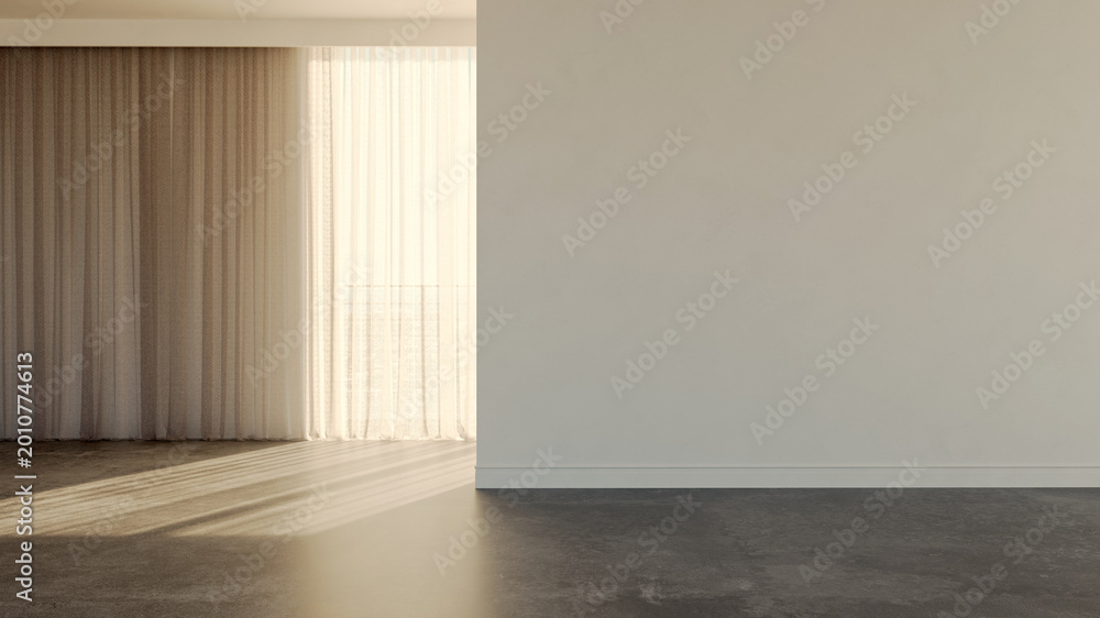 Naklejka premium 3D render, illustration Luxury modern living room interior, realistic lighting, wide angle, contemporary furniture, clean lines, minimalist decor, elegant home design, large window