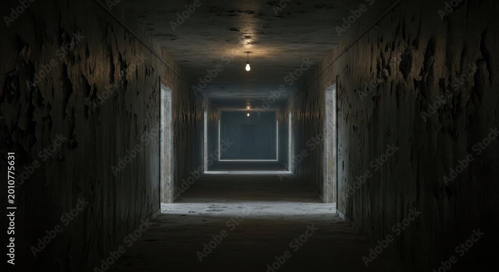 Fototapeta premium Abstract dimly lit corridor with illuminated walls and shadows