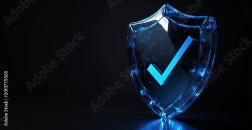 Glowing Blue Glass Shield with Checkmark Symbol on Dark Background. Represents Digital Security, Verified Protection, and Trust.