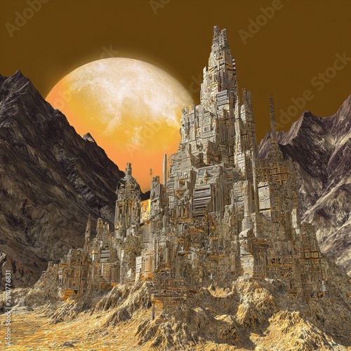 An alien city, a towering structure on a rugged planet, with a giant moon and craggy mountains