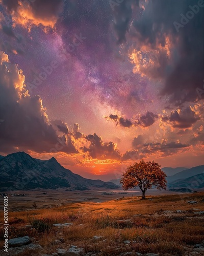 An autumnal landscape under a dramatic sky. A lone tree stands, with mountains and fields. Beautiful sunset