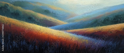 An impressionistic landscape, with vibrant brushstrokes depicting rolling hills and a colorful field. Pastel hues of orange, blue, and green