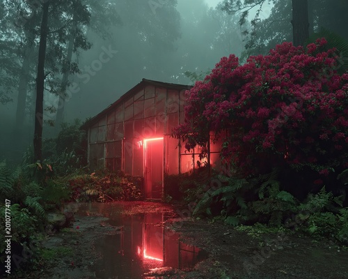 Eerie greenhouse amidst misty forest, a vibrant red glow emanates from its entrance, surrounded by lush vegetation