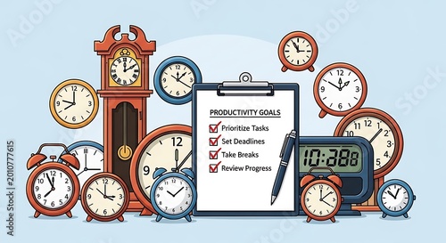 Time Management and Productivity - Clocks and Task List Illustration.