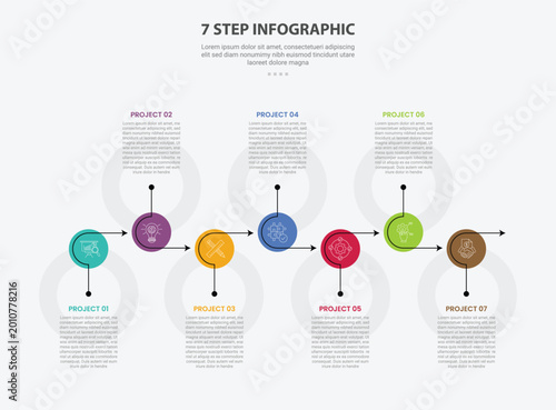 7 points template infographic outline style with 7 point stage or step template with big circle and arrow on right direction and content upside down for slide presentation