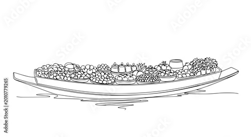 Photos Hand-drawn sketch of a boat overflowing with fresh fruits and vegetables, isolated on white