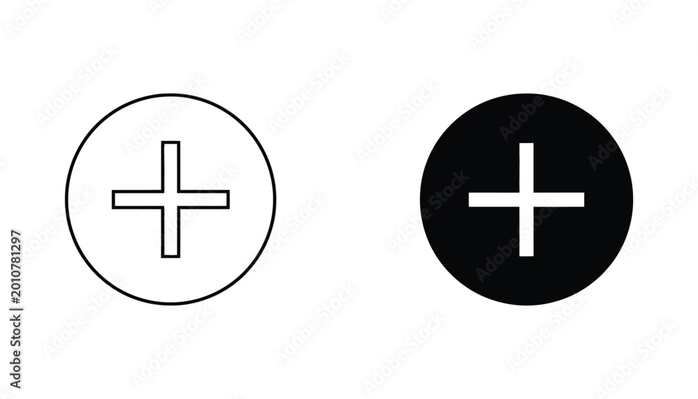 Obraz premium Plus sign addition icon in circular frame for math and user interface design in outline and solid black variations