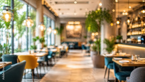 Blurred restaurant interior modern cafe dining room bokeh background luxury bistro atmosphere warm lighting indoor furniture hospitality design