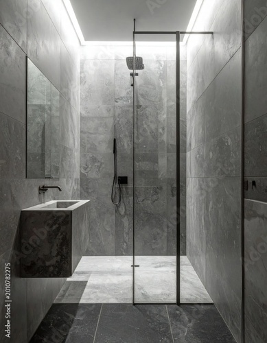 Modern luxury bathroom interior with gray stone tiles, minimalist glass shower enclosure and floating vanity, contemporary home architecture and renovation design
